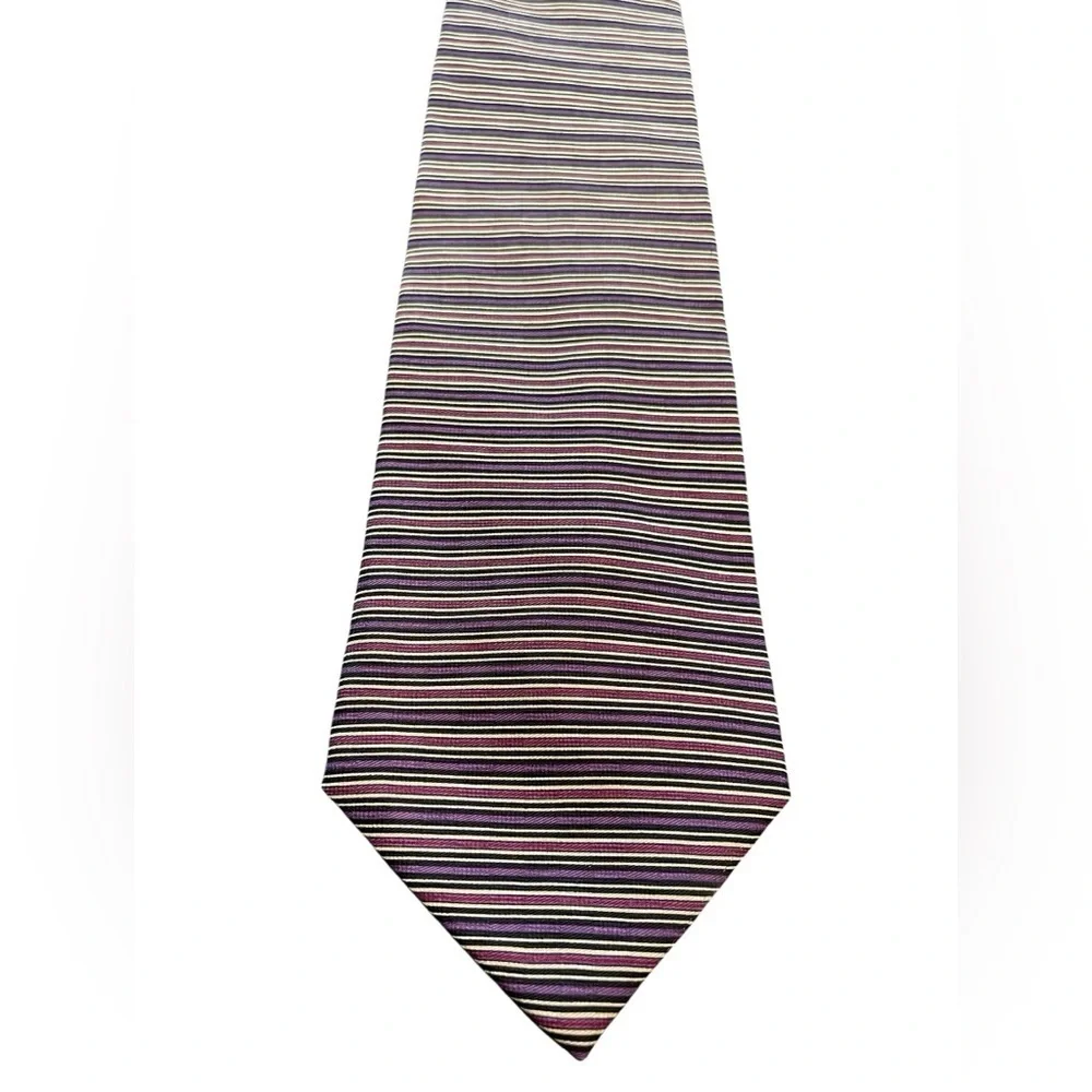 💜🩷JOHN HENRY Striped Black, Purple, Pink and Tan Men’s Tie. Pure Silk.
